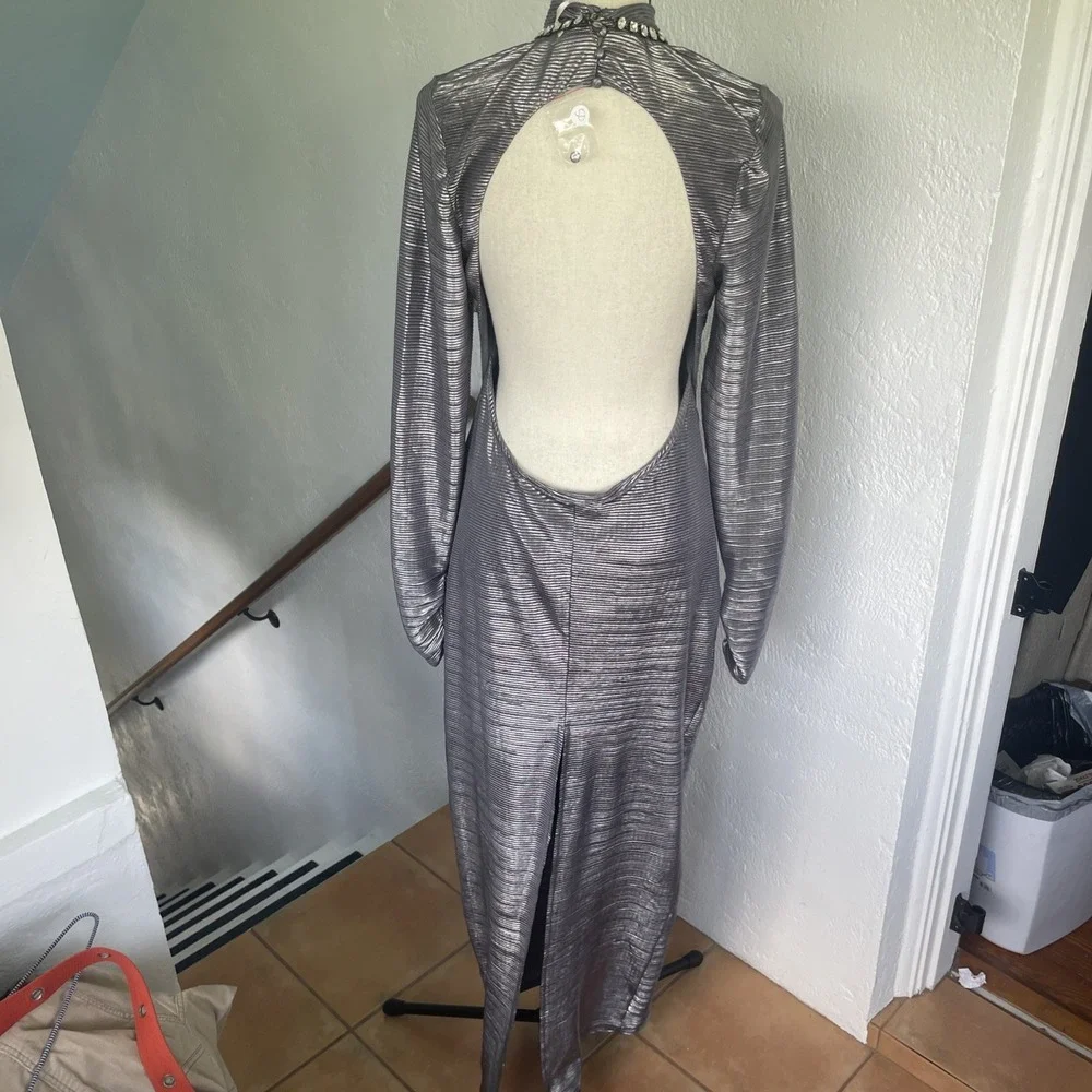 Free People NWOT Mila Metallic Maxi Dress  Open Back Silver Gray Shimmer Large